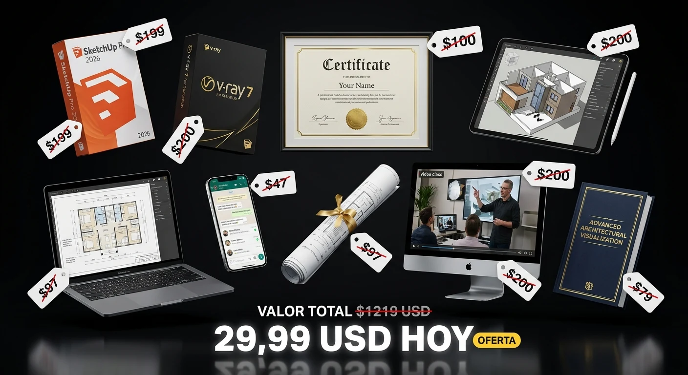Todo lo que incluye el curso: SketchUp Pro, V-Ray 7, certificado, clases, comunidad y más