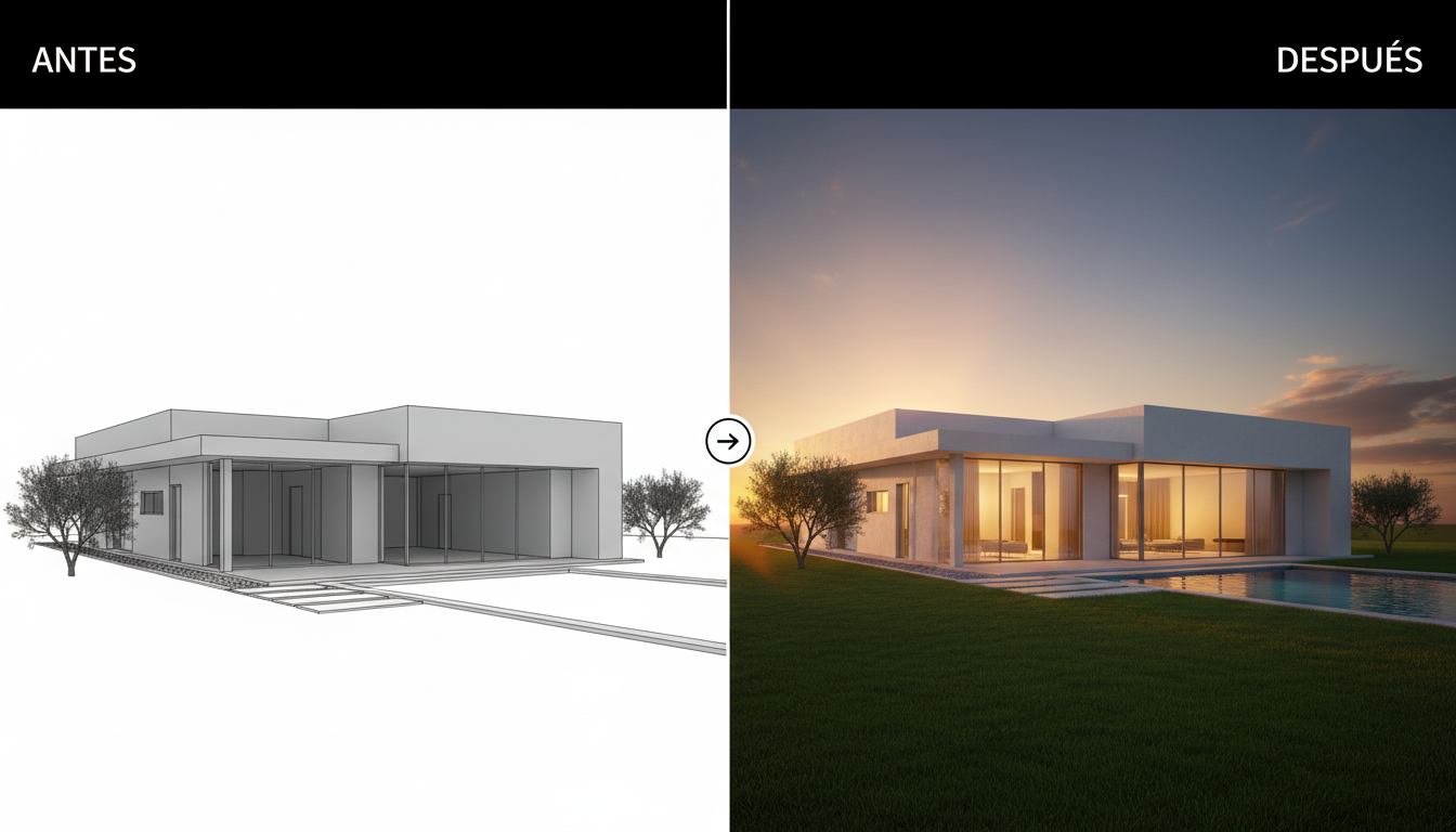 Antes: modelo SketchUp b&aacute;sico sin texturas. Despu&eacute;s: render fotorrealista V-Ray